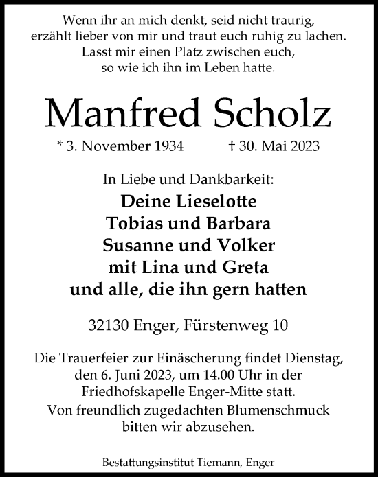 Traueranzeige von Manfred Scholz 