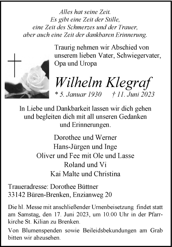 Traueranzeige von Wilhelm Klegraf 