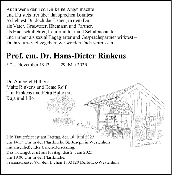 Traueranzeige von Hans-Dieter Rinkens 