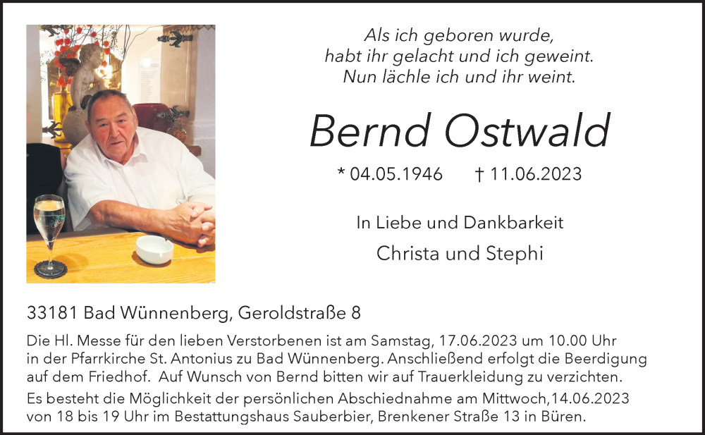  Traueranzeige für Bernd Ostwald vom 13.06.2023 aus 