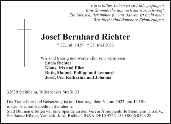 Traueranzeige von Josef Bernhard Richter 