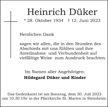 Traueranzeige von Heinrich Düker von Westfalen Blatt