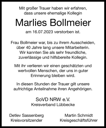 Traueranzeige von Marlies Bollmeier von Westfalen Blatt