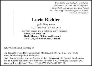 Traueranzeige von Lucia Richter von Westfalen Blatt