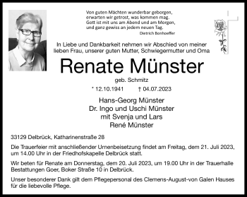 Traueranzeige von Renate Münster von Westfalen Blatt