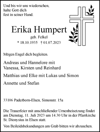 Traueranzeige von Erika Humpert von Westfalen Blatt