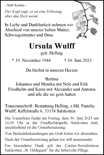 Traueranzeige von Ursula Wulff von Westfalen-Blatt