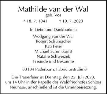 Traueranzeige von Mathilde van der Wal von Westfalen Blatt