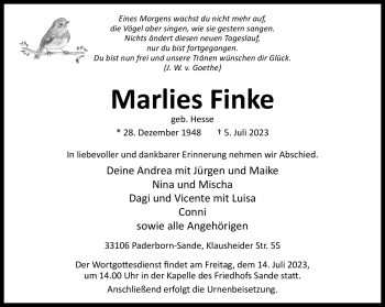 Traueranzeige von Marlies Finke von Westfalen Blatt