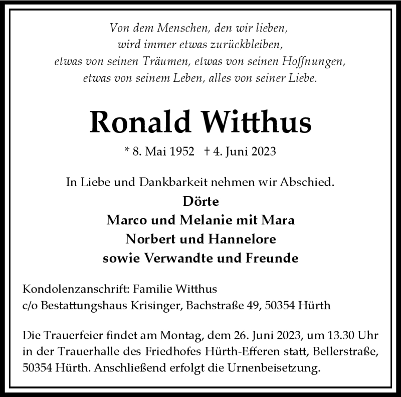  Traueranzeige für Ronald Witthus vom 17.06.2023 aus Westfalen-Blatt