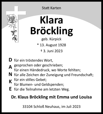 Traueranzeige von Klara Bröckling von Westfalen Blatt