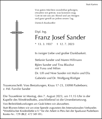 Traueranzeige von Franz Josef Sander von Westfalen Blatt