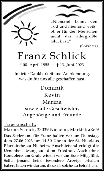 Traueranzeige von Franz Schlick von Westfalen-Blatt