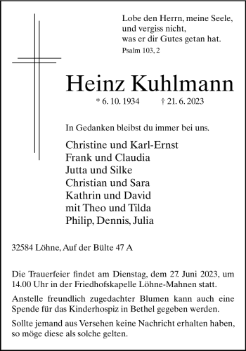 Traueranzeige von Heinz Kuhlmann von Westfalen-Blatt