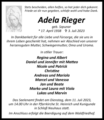 Traueranzeige von Adela Rieger von Westfalen Blatt