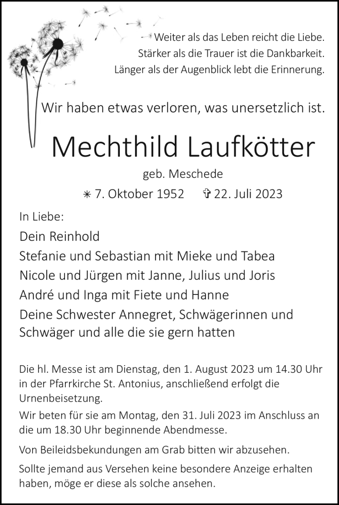  Traueranzeige für Mechthild Laufkötter vom 29.07.2023 aus Westfalen Blatt