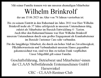 Traueranzeige von Wilhelm Brinkrolf von Westfalen-Blatt