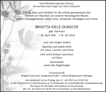 Traueranzeige von Brigitta Kiele-Dunsche von Westfalen Blatt