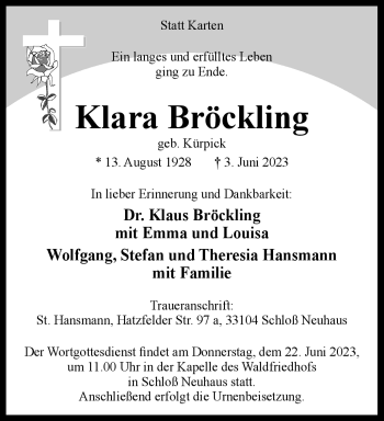 Traueranzeige von Klara Bröckling von Westfalen-Blatt