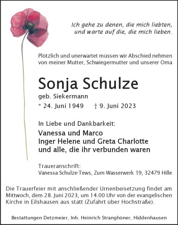 Traueranzeige von Sonja Schulze von Westfalen-Blatt