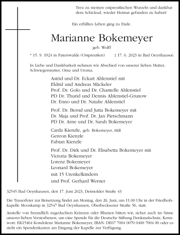 Traueranzeige von Marianne Bokemeyer von Westfalen-Blatt