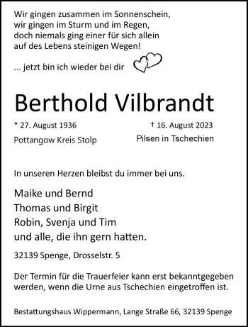 Traueranzeige von Berthold Vilbrandt von Westfalen Blatt