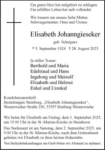 Traueranzeige von Elisabeth Johanngieseker von Westfalen Blatt