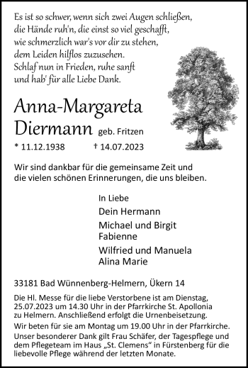 Traueranzeige von Anna-Margareta Diermann von Westfalen Blatt