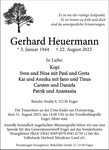 Traueranzeige von Gerhard Heuermann von Westfalen Blatt