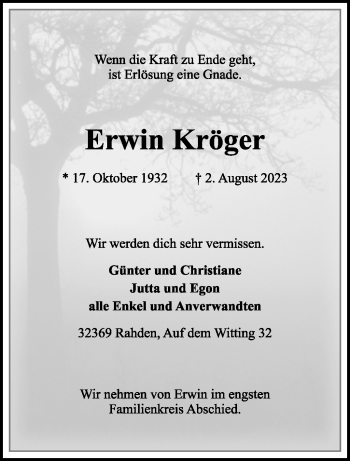 Traueranzeige von Erwin Kröger von Westfalen Blatt