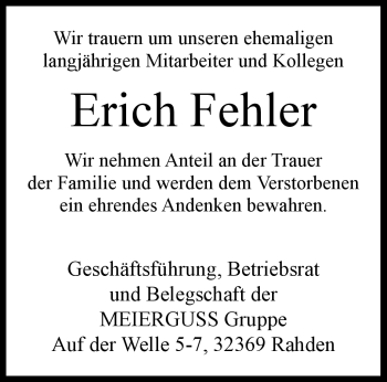 Traueranzeige von Erich Fehler von Westfalen Blatt