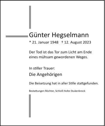 Traueranzeige von Günter Hegselmann von Westfalen Blatt