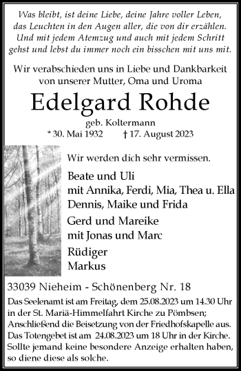 Traueranzeige von Edelgard Rohde von Westfalen Blatt