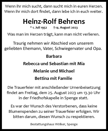 Traueranzeige von Heinz-Rolf Behrens von Westfalen Blatt