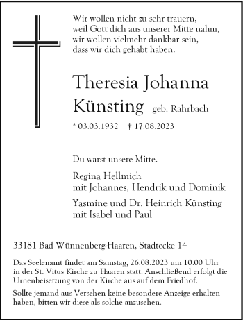 Traueranzeige von Theresia Johanna Künsting von Westfalen Blatt