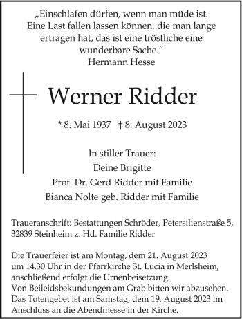 Traueranzeige von Werner Ridder von Westfalen Blatt