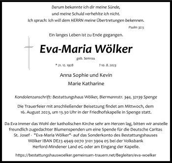 Traueranzeige von Eva-Maria Wölker von Westfalen Blatt