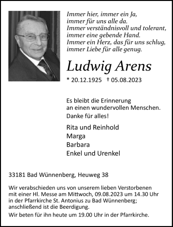 Traueranzeige von Ludwig Arens von Westfalen Blatt