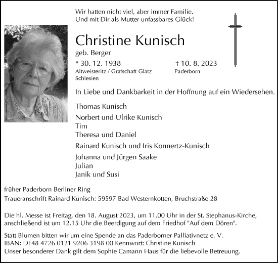 Traueranzeige von Christine Kunisch 