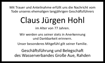 Traueranzeige von Claus Jürgen Hohl von Westfalen Blatt