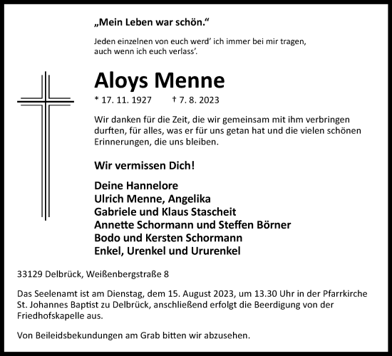 Traueranzeige von Aloys Menne 