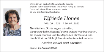 Traueranzeige von Elfriede Hones von Westfalen Blatt