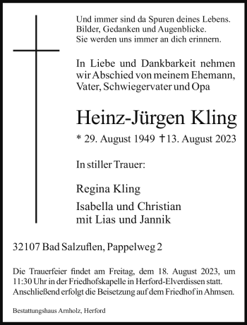 Traueranzeige von Heinz-Jürgen Kling von Westfalen Blatt