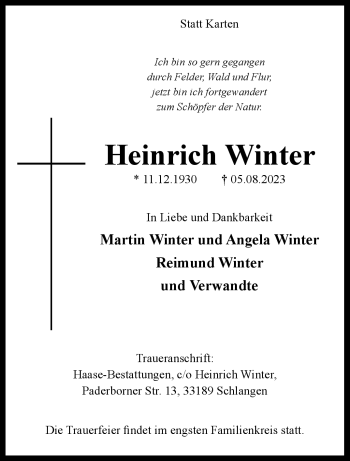 Traueranzeige von Heinrich Winter von Westfalen Blatt