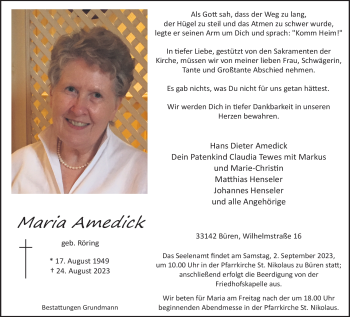 Traueranzeige von Maria Amedick von Westfalen Blatt