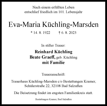 Traueranzeige von Eva-Maria Küchling-Marsden von Westfalen Blatt