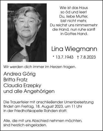 Traueranzeige von Lina Wiegmann von Westfalen Blatt