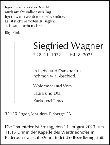 Traueranzeige von Siegfried Wagner von Westfalen Blatt