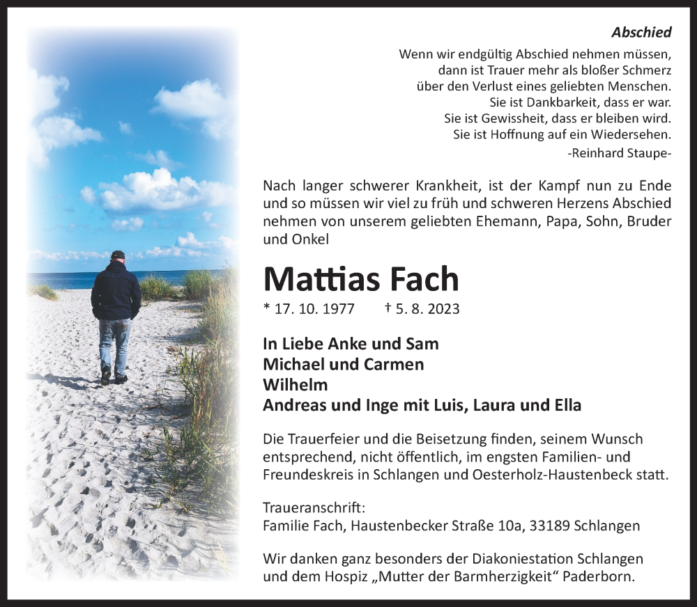  Traueranzeige für Mattias Fach vom 12.08.2023 aus 