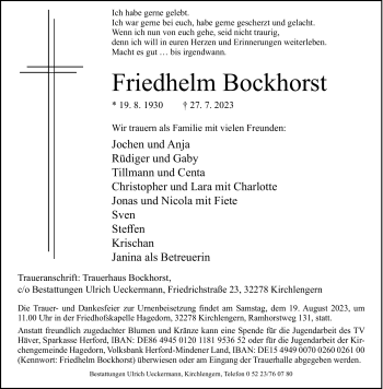 Traueranzeige von Friedhelm Bockhorst von Westfalen Blatt